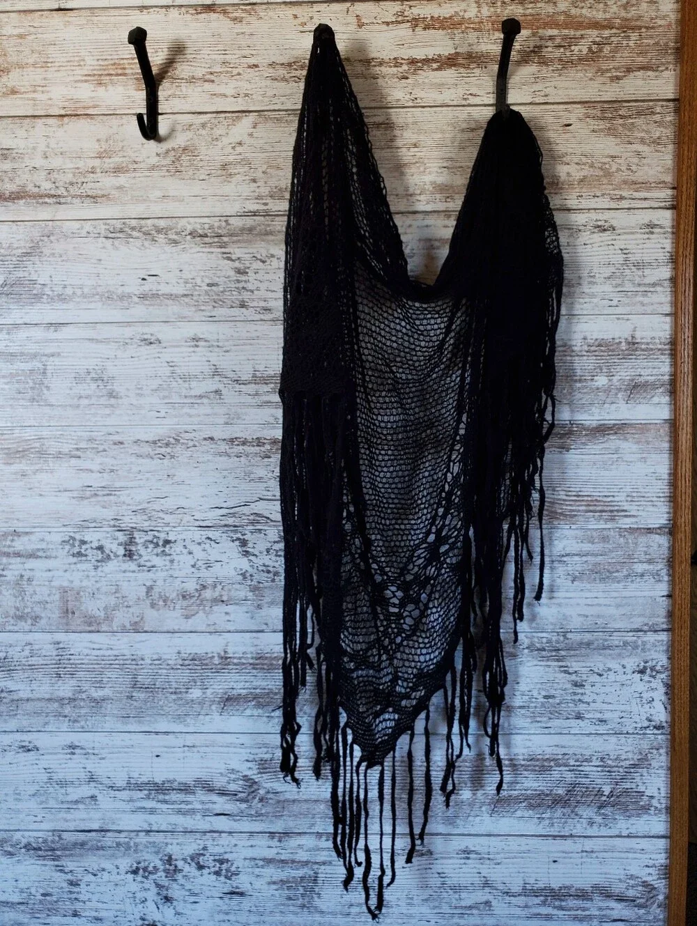 3pc Scarf Set Black Crochet Triangle - Striped Linen Rectangle - Fringe Cowl
